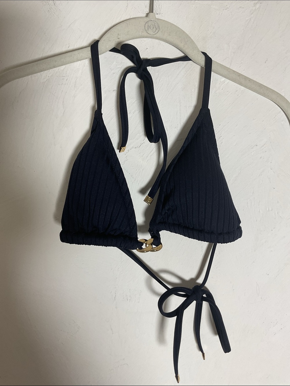 MICHAEL Michael Kors Ribbed Gold Chain Triangle Bikini Set Size S Navy - Picture 2 of 13